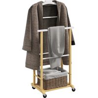 Galán de Noche Bambú con Ruedas Percha Superior Barras para Pantalones y Balda Inferior para zapatos Natural y Blanco