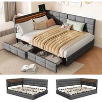 Polsterbett 140x200 cm aus grauem Leinenstoff, Doppelbett mit LED, USB-Anschluss, intelligentem Kopfteil und 2 Schubladen