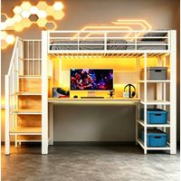 Cama alta moderna 90x200 cm de metal y madera blanca con escritorio, escalera con almacenaje, panel perforado, enchufes y LED