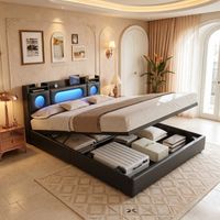 Cama con almacenamiento de 140 x 200 cm - Iluminación LED - Tapizado en lino - Sistema de almacenamiento hidráulico - Cabecero tapizado - Estructura de acero resistente