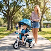 Tricycle enfant 6 en 1 avec capote, harnais 5 points, compartiment de rangement, repose-pieds, frein, 1 Ă 5 ans, bleu