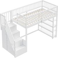 Hochbett Einzelbett mit Kleiderschrank, Regalen und Stauraum, 90×200 cm, ohne Matratze, aus Massivholz, Weiß