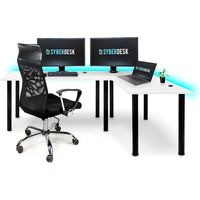 Bureau d'angle gaming pro LED 197 x 132 cm – Panneau solide 18 mm – 4 passe-câbles – Hauteur réglable 72-75 cm – 16 couleurs LED – Syberdesk