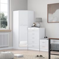 Reflect 1 Door Corner Wardrobe, 5 Drawer Chest, 2 Drawer Bedside - White Gloss & Matt White - Bedroom Furniture Set