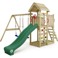 Aire de jeux WICKEY MultiFlyer - Toit en bois - Balançoire - Toboggan - Maison enfant extérieur - Bac à sable - Échelle d'escalade - Accessoires de jeux - Vert