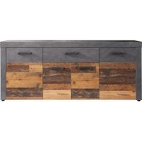 Buffet bas INDY 4 Portes et 1 Tiroir - Mélaminé bois vieilli et gris mat - L 178 x P 40 x H 77 cm