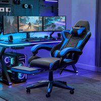 Ergonomic PU Leather Racing Gaming Chair with Footrest 155° Reclining Backrest Swivel Office Chair Black+ Blue