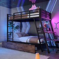 Letto a soppalco, 90x200 cm, letto singolo con illuminazione a LED, cassetto e tavolo, metallo, nero, senza materasso