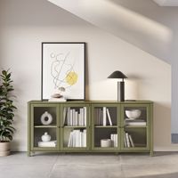 Buffet 4 portes vitrées 186x40x80 cm en pin kaki - VIKZA