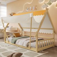 Lit Bebe en Bois avec la Tente est Amovible,lit cabane Enfants 90x200,Beau Design de Toit,Cadre de lit Enfant 90x200 avec sommier à Lattes,pin + contreplaqué,Naturel