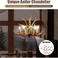 Lustre en bois de cerf en résine - Plafonnier décoratif - Lampe suspendue - Chandelier - Décoration intérieure rustique - Éclairage en bois de cerf - Corne de cerf - 6 têtes - 220V