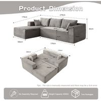 Canapé d'angle modulable avec méridienne confortable, canapé en L sans structure et assise profonde, canapé-lit minimaliste pour salon, chambre, appartement, velours côtelé, gris