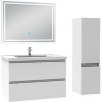 Ensemble meuble de salle de bain 80cm, vasque céramique + colonne + LED miroir rectangulaire, blanc