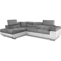 Cotecosy – Canapé d'angle convertible 6 places – Simili blanc et tissu gris clair – Têtières relevables – Dimensions L255 x P188 x H85,5 cm