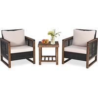 COSTWAY Set di 3 Pezzi di Mobili da Patio, 1 Tavolino in Legno di Acacia e 2 Sedie in Rattan PE, con Cuscini Lavabili, Set di Divani per Giardino Cortile Piscina Portico