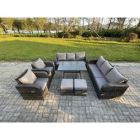 Fimous 10-Sitzer Rattan Gartenmöbel Sofa Set Tisch & Stühle Set mit 3-Sitzer Sofa Rechteckiger Esstisch 2 kleinen Hockern Dunkelgrau Gemischt