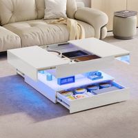 Tavolino da caffè quadrato moderno 78x78x43 cm, finitura lucida, design a 2 livelli, con LED, 3 cassetti e vano a giorno - Bianco
