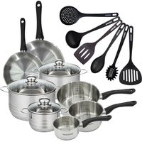 Set 2 poêles 20 24 cm 3 casseroles 12 16 20 cm, 3 faitouts 16, 20 et 24 cm en inox et 6 ustensiles RPET Fackelmann Geneva