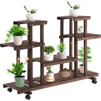6-stufiges Pflanzenregal/Blumenablage mit 4 Rollen, Massivholz, 123,5 x 33 x 80 cm, karbonisierte Farbe