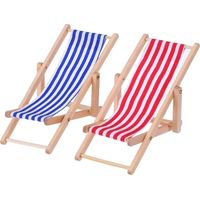 Mini Beach Chair - Wooden Folding Lounge Chair - 1:12 Scale Dollhouse Accessory - Blue and White Striped Fabric Seat - 11 x 6.6 cm - 2 Pack