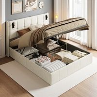 Lit coffre 140x190 cm, avec liseuse, rangement hydraulique, velours, sommier à lattes, adapté aux adolescents et adultes,Beige