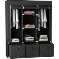 Foldable Fabric Wardrobe for Bedroom, Portable Wardrobe with 5 Shelves, 2 Hanging Rails and 3 Fabric Drawers, Black