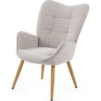 MEUBLES COSY Sessel mit grauer Stoffpolsterung, Metallrahmen der Rückenlehne, Sitzfläche aus Sperrholz und Beinen aus Naturholz im skandinavischen Stil.