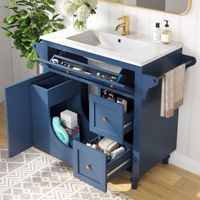 Mobile bagno con lavabo singolo, 99,5x45x86 cm, con lavabo in ceramica, 2 cassetti, ripiano scorrevole, blu