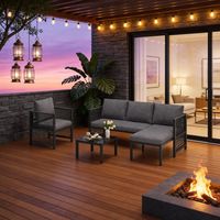 Garden Set with Tempered Glass Coffee Table, Convertible 4-5 Seater Polyester Rope Patio Set with Lounge Sofa and Armchairs, Weatherproof Outdoor Patio Corner Sofas for Balcony and Terrace, Grey