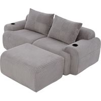 Modulares Cordsofa für 2 Personen (mit Hockern), frei kombinierbar, inklusive Getränkehalter und seitlicher Aufbewahrungstasche, ideal für Wohnzimmer, Familienzimmer und weitere Räume.Hellgrau