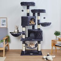 Msmask – Arbre à chat 145 cm avec 6 niveaux et 2 niches – Poteaux à gratter en sisal naturel – Couleur gris foncé – Accessoires inclus