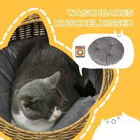 Niche chat avec coussin déhoussable lavable, pour félins jusqu'à 4 kg, intérieur, rotin synthétique, diamètre 50 x 31 cm, marron clair