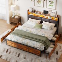 Letto 140x190 cm con rete in legno massiccio, letto matrimoniale con spazio di archiviazione, con 4 cassetti, illuminazione LED, testata aperta, stile vintage, PU - Marrone