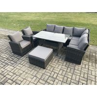 Fimous 9 Seater Garden Rattan Furniture Corner Sofa Dining Table Chairs Set with Big Footstool 2 Armchairs Indoor Outdoor Lounge Sofa Set