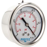 Profec Manometer -1 bis 0 bar, Glyzeringefüllt, Ø 63 mm, 1/4 Zoll Anschluss nach hinten Axial, Unterdruck-Manometer