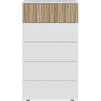 Commode 5 tiroirs 61x40x109 cm blanc Artik et naturel – Panneaux mélaminés – Guides métalliques coulissants – Pieds en ABS – Fores