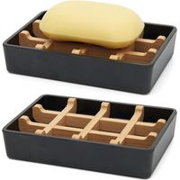 Soap Dish - Bamboo Fiber Tray with Natural Bamboo Holder - For Bathroom Shower Kitchen - Non-Slip Base - Single Unit Black Square
