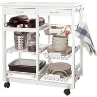 Carrello Cucina Legno 2 Cassetti Portaposate Portabottiglie 5 Scomparti Bianco