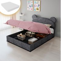 Letto imbottito per bambini in velluto grigio 140x200 cm con contenitore sollevabile, testiera con orecchie rotonde e materasso incluso