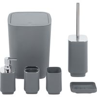 Set Completo Accessori Bagno 6 Pezzi Design Moderno In Plastica Resistente Con Finiture Lucide Incluso Cestino Pattumiera,Dispenser Sapone, PortaSaponetta, Porta Spazzolini, Portascopino Bicchiere Con