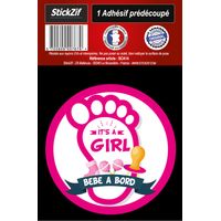 ADHESIF PRE DECOUPE "BEBE A BORD - IT'S A GIRL" X1 Ø 8 CM