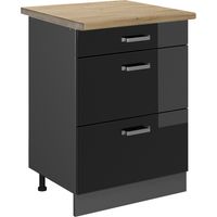 Meuble cuisine R-Line, Noir Haute brillance, 60 cm avec tiroirs, PT Chêne, Vicco