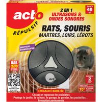 Répulsif ultrasons et sonore pour rongeurs – Protection 40m² – Double action : ultrasons et sons audibles – Installation simple et rechargeable – Acto