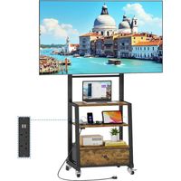 Support TV roulettes pour TV de 32 à 75 Pouces, Support TV sur Pied avec Prise, Pied TV Mobile avec Etagère et Tiroir Tissu, Hauteur Réglable, Max. Vesa 600x400 mm, Brun Vintage
