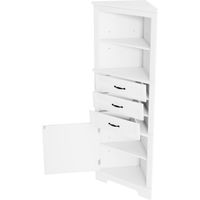 Badezimmer Eckschrank mit 1 Tur, 3 Schubladen und 2 Offenen Fachern, Verstellbaren Einlegeboden, MDF, Weiss 57,7×46×167,5 cm