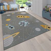 Paco Home Alfombra Bebe Infantil Antideslizante Estrellas Planeta Cohete Gris Azul Amarillo 80x150 cm