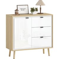 Credenza Moderna con 3 Cassetti e Armadietto, Ripiano Interno Regolabile e Ante Lucide, Bianco e Rovere