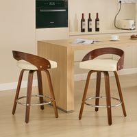 Lot de 2 tabourets de bar bois pivotants, dossier bas, assise souple, H.63 cm, beige