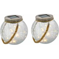 Lot de 2 boules solaires - LUMISKY - CRACK BALL CORD - H13 cm - Verre craquelé a poser - Poignée corde micro - LED blanc chaud