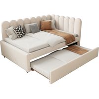 Letto Estraibile 140 x 200 cm e 180 x 200 cm in Velluto con Design a Forma di L, Schienale Imbottito, senza Materasso, Beige